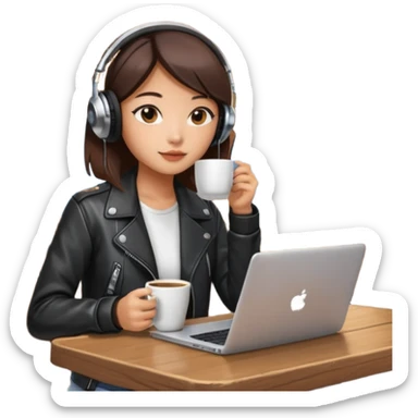 A Korean girl at a dive bar with a laptop and headphones on holding a cup of coffee sticker