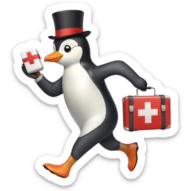 side view of a doctor penguin running with a top hat holding a first aid medical box with a red cross sticker