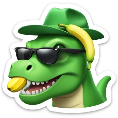 A green r Rex with a banana hat and sunglasses sticker