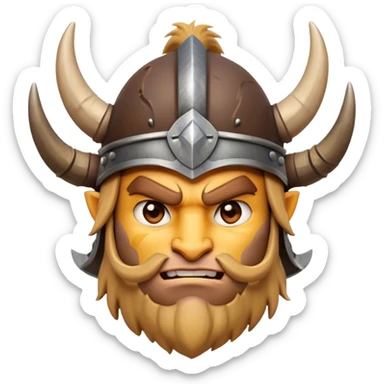 Clash of Clans aesthetic friendly Barbarian Portrait Emoji, Poised and bold with a rugged yet cartoonish build in tattered furs and a horned helmet, his face rendered in a natural skin tone (not yellow), expressive bright eyes and a confident smirk, Simplified yet dynamic features, highly detailed, glowing with a vivid, adventurous aura, high shine, heroic and spirited, stylized with an air of medieval warrior charm, focused and energetic, soft glowing outline, capturing the essence of a fearless barbarian adventurer ready to lead his clan with spirited valor! sticker