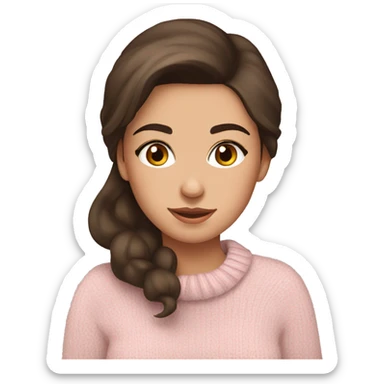 Pretty brown eyed brunette girl with light pink sweater reading cozy sticker