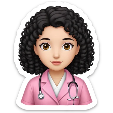 una chica con bata rosa pelo risado pelo color negro y enfermera sticker