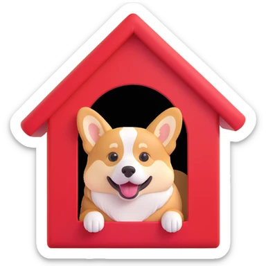 red dog house with a Corgi dog inside, Corgi visible through the doorway, semi-realistic with rounded, simplified emoji look sticker