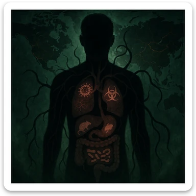 semi-realistic, moody style human silhouette, parasite tendrils reach organs, each organ with a faint disease symbol overlay, world map, glowing cracks, green mist sticker