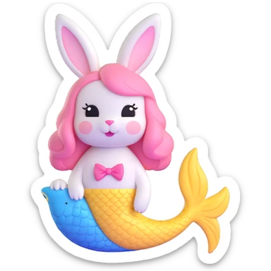 cute white bunny with pink ears and nose, mermaid tail blue and yellow with fish scales, soft rounded glossy style, 3D iOS-style illustration sticker