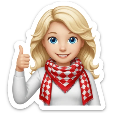 Blonde Girl, Blue Eyes, wavy hair, smiling, thumbs up, wearing red Checkered Triangle scarf, white dress sticker