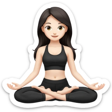 Девушка белокожая, с длинными темными волосами, в черной одежде для йоги, стоит в позе лотоса, в стиле бимбо пилатес, правильные пропорции, только человек, без ступней sticker