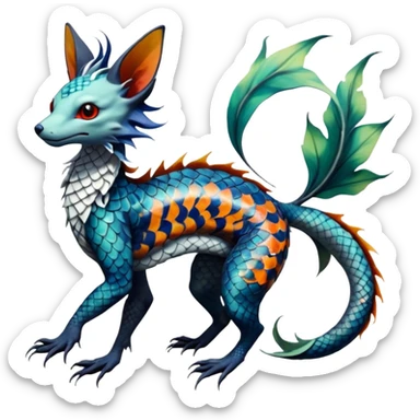 Edgy badass swimmy wet painted intricate ornate Japanese Asian koi-Sergal-Lykoi-Linoone-Electrike-Leafeon-fusion-hybrid-animal-Fakémon-creature, full body, thin long sleek scaly tail, intricate markings sticker