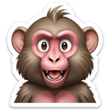 Cinematic Comical Baboon Portrait Emoji, Head tilted dramatically with an exaggeratedly amused expression, featuring a strikingly textured Fur of deep browns with wide, expressive eyes filled with playful disbelief, Simplified yet hilariously expressive features, highly detailed, glowing with a slightly sassy glow, high shine, dramatic yet playful, stylized with an air of cheeky mischief, bright and endearing, soft glowing outline, capturing the essence of a spirited and over-the-top baboon, so meme-worthy it feels like it could chatter its way into internet fame instantly! sticker
