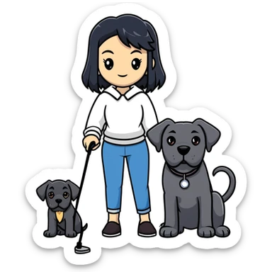 Woman with long black hair holding a black Cane Corso dog with cropped ears sticker