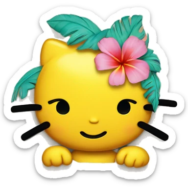 A yellow Hawaii hello kitty head that’s putting up a peace sign sticker