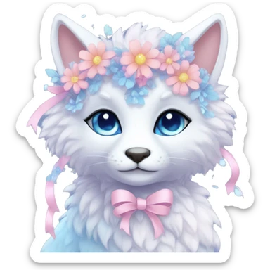 Anthro Cute Cool Pastel Kawaii gorgeous sparkly ethereal fantasy animal creature with blue eyes furry sona with flowers and ribbons beautiful aesthetic sticker