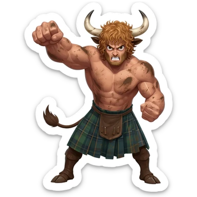 big buff curly hairy man covered in dirt with freckles with messy light brown bangs that covers his face completely with bull horns and bull ears and bull tail dressed in kilt punches with left hook front view furious expression sticker