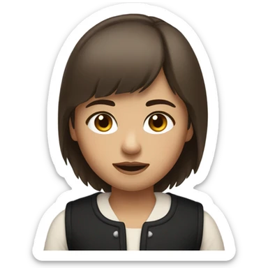 a girl with short brown hair in a wolfcut and little bangs. has brown eyes and is wearing a black vest. and had a neutral expression sticker