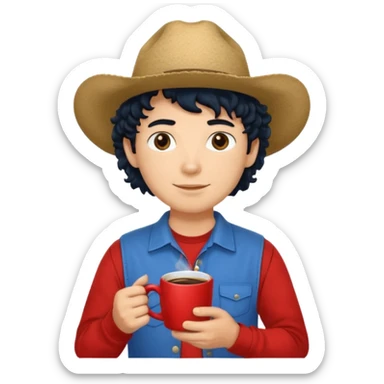 Ranch hand with blue hat and coffee mug, curly black hair, red shirrt sticker