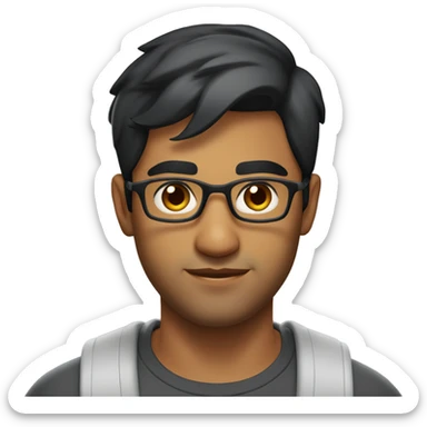 A head and shoulders shot of a 32 year old South Asian man, with short black hair,  wearing glasses with brown eyes wearing a t-shirt. sticker