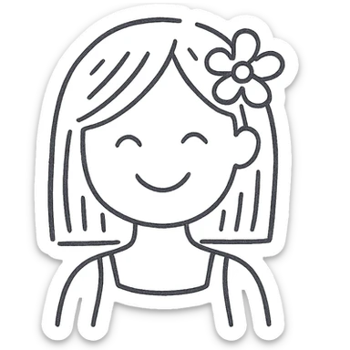 girl with straight hair, flower in hair, summer hand-drawn style outlined icon sticker