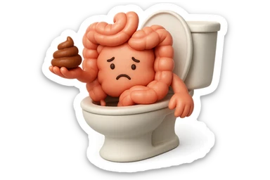 emoji stile iphone di un intestino realistico 3d che esce dal wc con in mano una montagnetta di feci con espressione triste a palline, iperrealistico 4k sticker