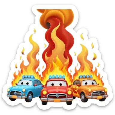 A 3D cartoon scene of cars on fire with smoke rising, chaotic atmosphere, realistic lighting, Memoji-style. sticker