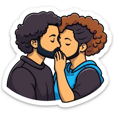 Curly haired girl kissing straight hair man with beard, romantic couple sticker
