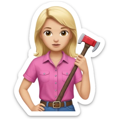 lumberjack blonde woman holding axe pink shirt sticker