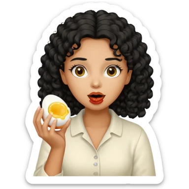 Girl with black curly hair eating boiling egg sticker
