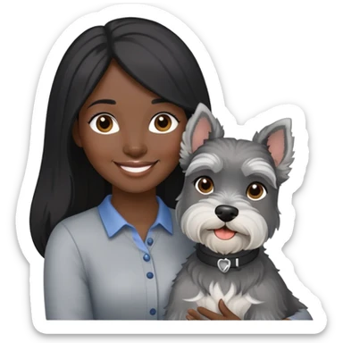 A smilling woman with long black hair holding a light gray Schnauzer sticker