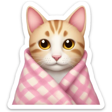 cat with a cozy light pink checkered blanket  sticker