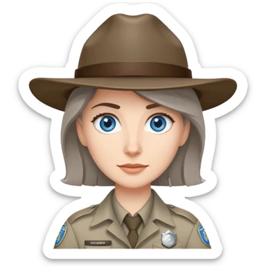 white woman park ranger with blue eyes and brown and gray hair sticker