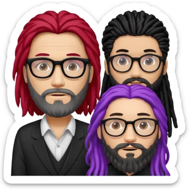 Man with long hair, glasses and Beard, next to man in black dreadlocks with red accent, woman in glasses with violet and black hair in the middle sticker