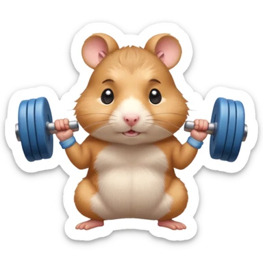 Cute cartoon-style hamster standing upright, wearing a tiny sweatband, lifting oversized dumbbells with determined expression. Soft painterly shading, expressive eyes, white background, sticker-style illustration sticker
