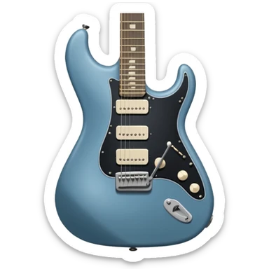 A gray-blue electric guitar with a black pick guard and only one volume knob, make the head tan sticker