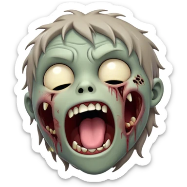 Cinematic Cute Yawning Zombie Portrait Emoji, with a delightfully quirky, slightly disheveled face in muted ashen tones, head tilted back in a big, funny yawn that reveals quirky stitches and playful gaps, simplified yet irresistibly charming, highly detailed with a soft, eerie glowing outline capturing the sleepy, offbeat vibe of a zombie taking a nap! sticker