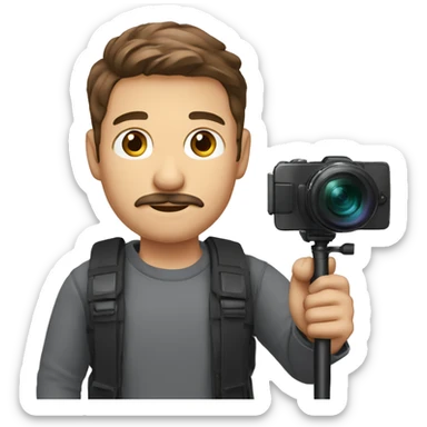 man brown hair, light skin, fine mustache, round face, cameraman with mobile phone and selfie stick. sticker