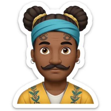 single big bun hair man and mustache and face tattoos very heavy and headband sticker