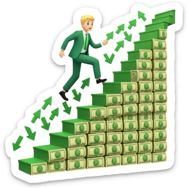 Emoji-style 3D illustration of a person climbing stairs made of money labeled “$10K” and “$20K”, with confetti and upward green arrows, bright optimistic lighting sticker