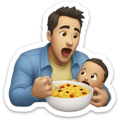 man with his mouth open as if he's about to eat something, facing a with a baby close to his mouth sticker