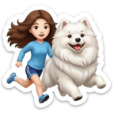 A beautiful girl with long hair runs with a Samoyed sticker