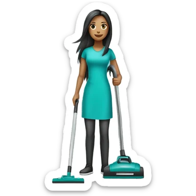 woman cleaner with light skin and long dark straight hair in turquoise color t-shirt. She working with vacuum cleaner sticker