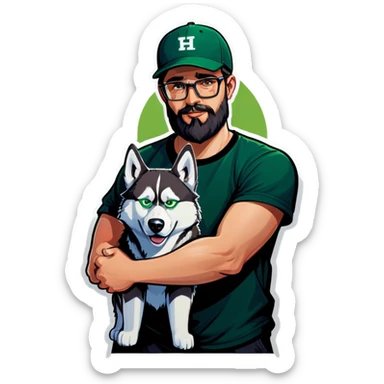 A bold man with a grey baseball cap, green eyes, big beard and glasses holding a husky dog sticker