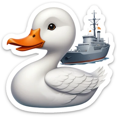 A cartoon military ship with planes on the deck and a large white goose head with orange bill at the front sticker