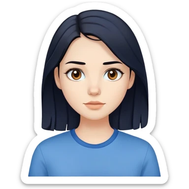 pale girl , who has medium length black hair  with straight waves , brown eyes normal light makeup,blue shirt sticker
