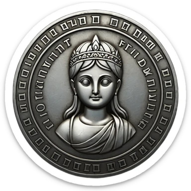 Emoji style, ancient coin made of blackened metal, “FORTUNA” engraved in refined fashion typography, heavy form, subtle worn metal texture, avant-garde editorial aesthetic, no glow, no neon, flat emoji design, centered, transparent background sticker