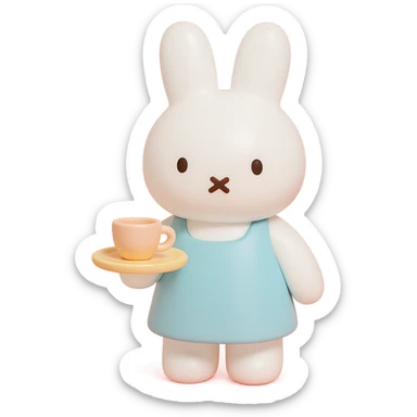 white bunny in apron holding tea tray, vinyl figure style sticker