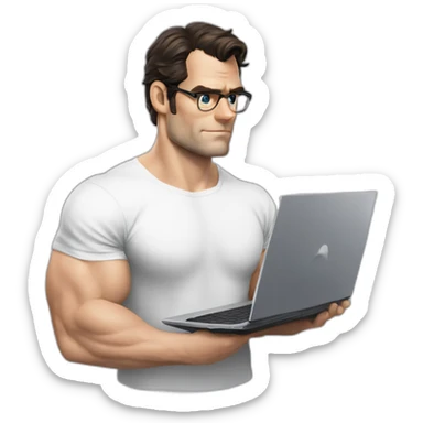 front view of henry cavill clark kent wearing white t-shirt using a laptop sticker