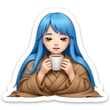 apple style emoji girl with long blue hair and bangs holding a cup of coffee wrapped up in a cozy brown blanket with her eyes closed  sticker