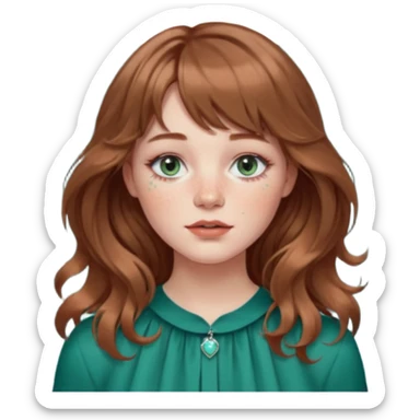 Woman with light cool brown wavy hair and curtain bangs, freckled fair skin, blue-green eyes, rosy lips, septum ring, soft natural makeup, delicate silver jewelry, relaxed expression sticker