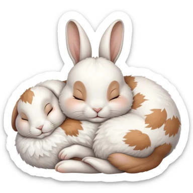 Meme-Worthy Cute Sleeping White and Brown Rabbit Portrait Emoji, Head resting peacefully with a contented smile, showcasing a delightfully balanced build and a luxuriously soft patterned fur of white and brown, eyes shut in a serene nap, Simplified yet hilariously adorable features, highly detailed, glowing with a soft, drowsy light, high shine, relaxed and utterly lovable, stylized with an air of playful laziness, bright and heartwarming, soft glowing outline, capturing the essence of a comically sleepy bunny, so meme-worthy it feels like it could instantly become the next viral sensation of adorable slumber! sticker