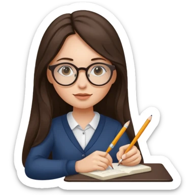 brunette woman with long hair and round glasses, writing sticker