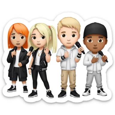 Pop music collage: Justin Bieber, Eminem, Ed Sheeran, and Billie Eilish in signature looks. Stage lights, microphones, and musical notes around them. Transparent background. sticker
